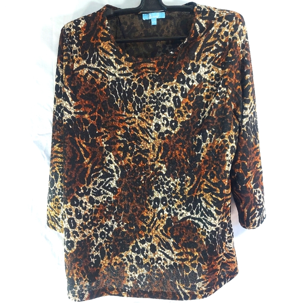 Penmans Leopard Print Black Brown Semi Sheer Long Sleeve Blouse, XL